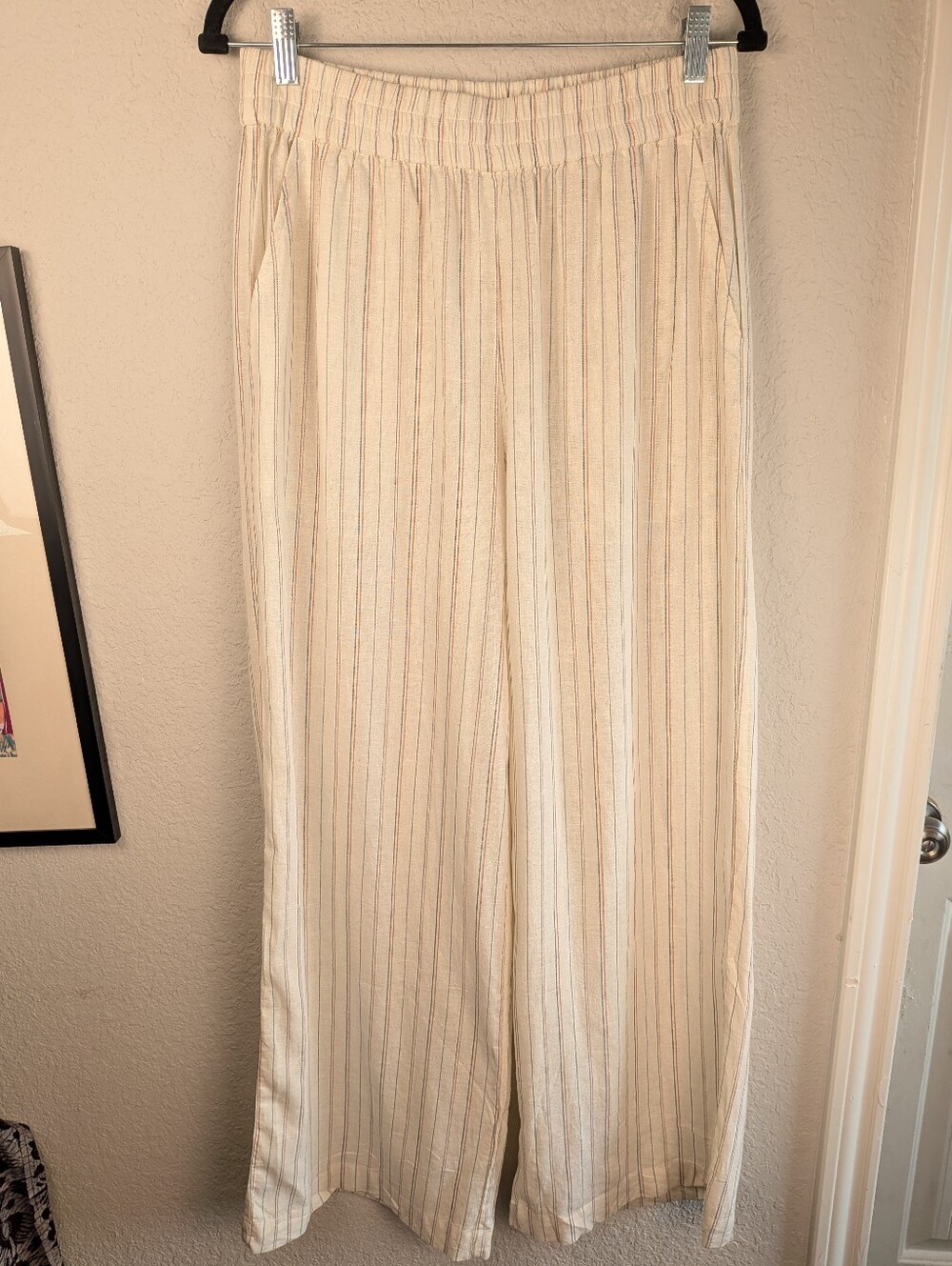 Marine Layer Allison Hemp Trouser M Cream Blue Red Wide Leg Woven Pants Like New